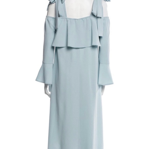 Ganni Women's Cold Shoulder Bow Dress Midi Clark Sterling Blue Size 36 - Picture 4 of 13
